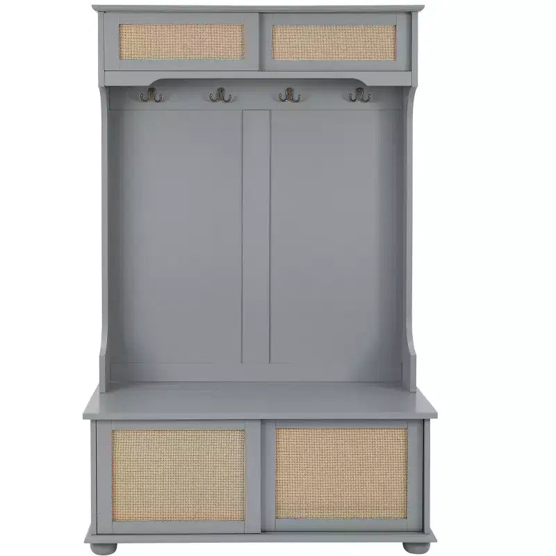 Porte-manteau de style décontracté avec banc d'entrée, porte-manteau avec étagères en rotin et pieds en bois, arbre à manteaux pour salon, chambre à coucher, gris