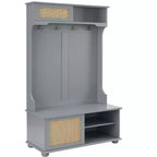 Porte-manteau de style décontracté avec banc d'entrée, porte-manteau avec étagères en rotin et pieds en bois, arbre à manteaux pour salon, chambre à coucher, gris