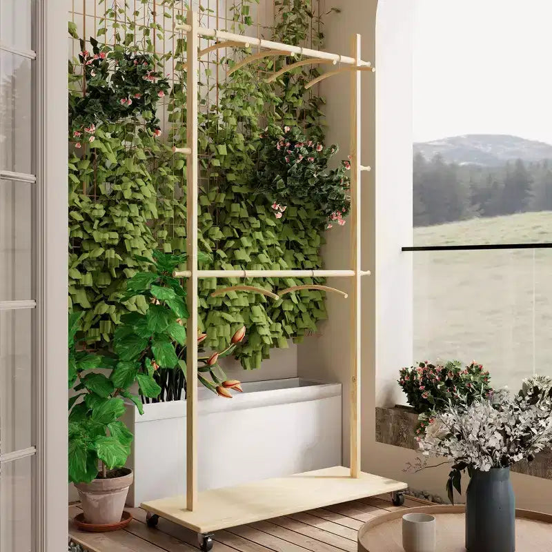 Porte-manteau en bois peu encombrant avec 6 patères en bois, porte-manteau autoportant avec étagère réglable et roulettes, porte-manteau pour salon, vieux pin