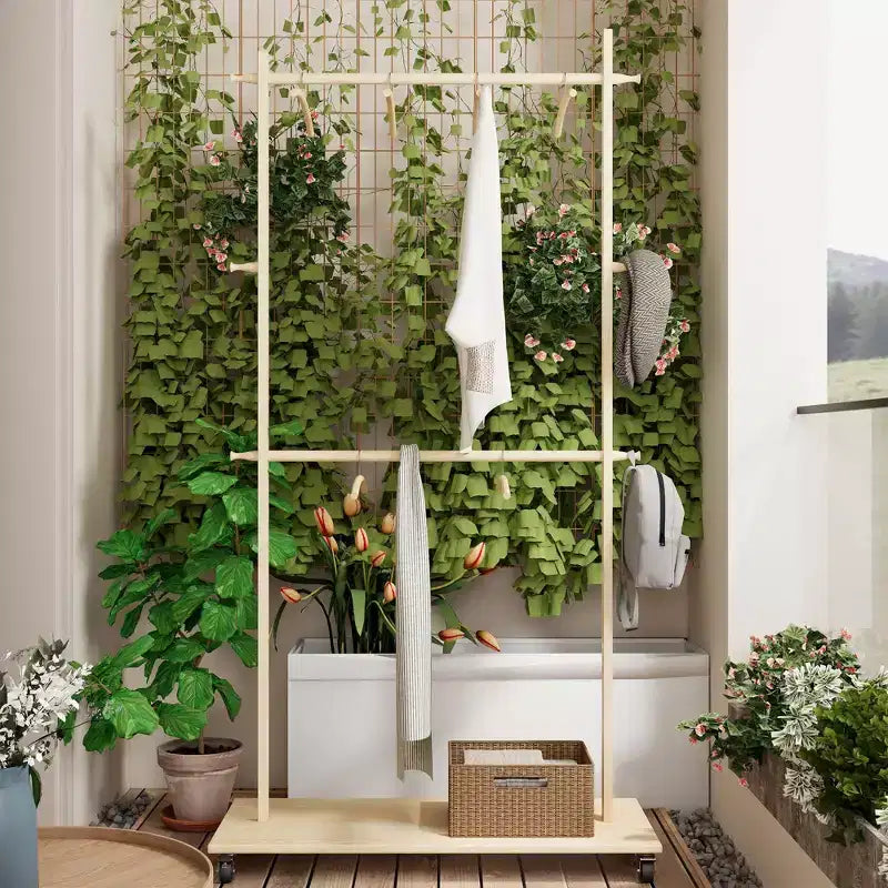 Porte-manteau en bois peu encombrant avec 6 patères en bois, porte-manteau autoportant avec étagère réglable et roulettes, porte-manteau pour salon, vieux pin