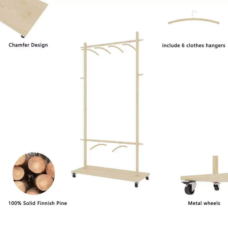 Porte-manteau en bois peu encombrant avec 6 patères en bois, porte-manteau autoportant avec étagère réglable et roulettes, porte-manteau pour salon, vieux pin