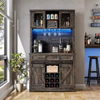 72in Tall Modern Farmhouse Coffee Bar Cabinet, Kitchen Buffet with Sliding Barn Doors, LED Lights, Power Outlets, Drawers, Wine Glass Rack
