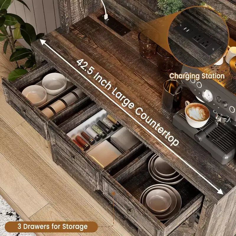 Meuble de bar à café de ferme moderne de 183 cm de haut, buffet de cuisine avec portes coulissantes de grange, lumières LED, prises de courant, tiroirs, porte-verres à vin