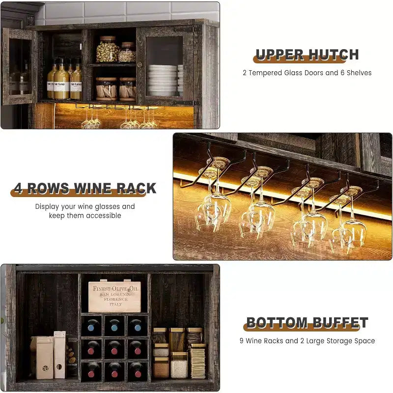 Meuble de bar à café de ferme moderne de 183 cm de haut, buffet de cuisine avec portes coulissantes de grange, lumières LED, prises de courant, tiroirs, porte-verres à vin