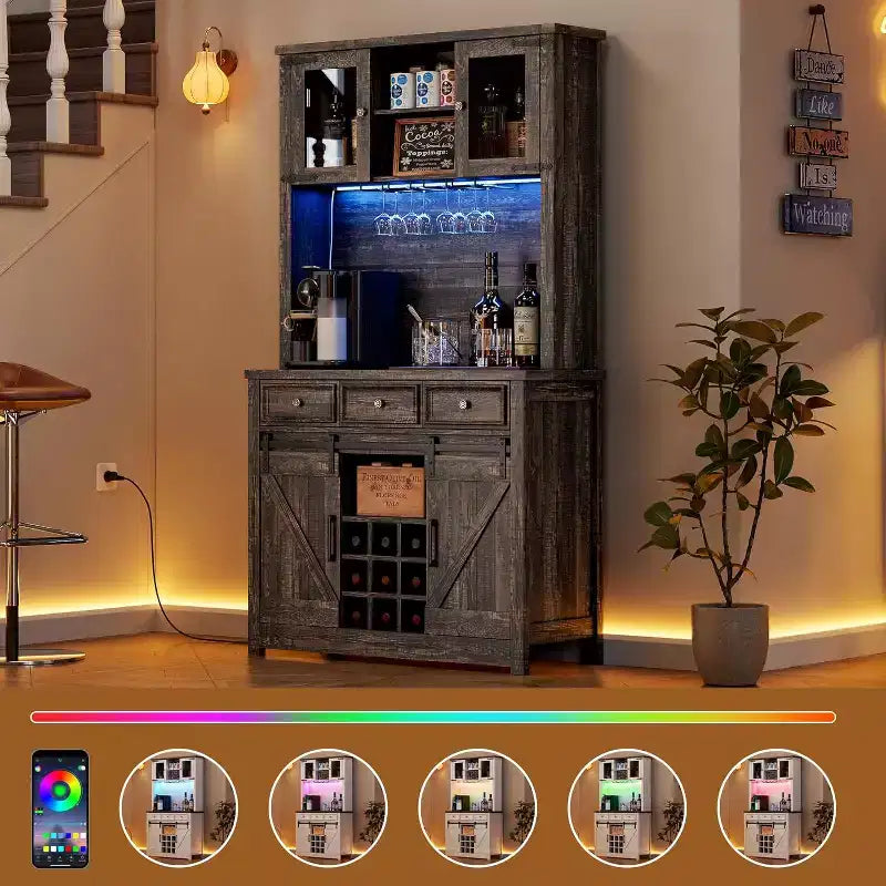 Meuble de bar à café de ferme moderne de 183 cm de haut, buffet de cuisine avec portes coulissantes de grange, lumières LED, prises de courant, tiroirs, porte-verres à vin