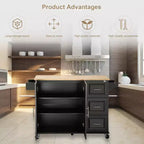 Îlot de cuisine et desserte de cuisine roulante - Îlot de cuisine mobile avec plateau extensible en bois d'hévéa