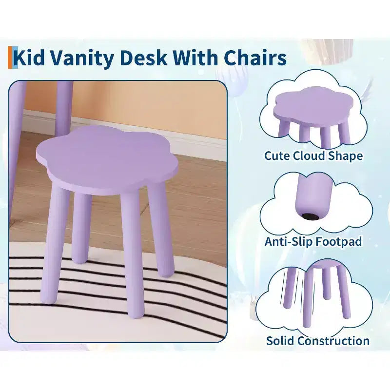 Coiffeuse enfant avec lumières, bureau de maquillage en bois en forme d'ours avec miroir et tabouret, table de toilette parfaite pour petite princesse dans la chambre