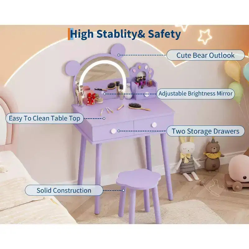 Coiffeuse enfant avec lumières, bureau de maquillage en bois en forme d'ours avec miroir et tabouret, table de toilette parfaite pour petite princesse dans la chambre