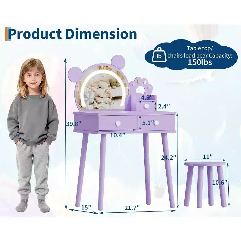 Coiffeuse enfant avec lumières, bureau de maquillage en bois en forme d'ours avec miroir et tabouret, table de toilette parfaite pour petite princesse dans la chambre
