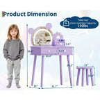 Coiffeuse enfant avec lumières, bureau de maquillage en bois en forme d'ours avec miroir et tabouret, table de toilette parfaite pour petite princesse dans la chambre