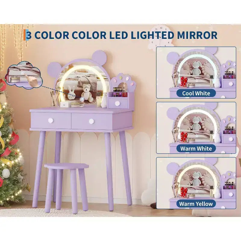 Coiffeuse enfant avec lumières, bureau de maquillage en bois en forme d'ours avec miroir et tabouret, table de toilette parfaite pour petite princesse dans la chambre