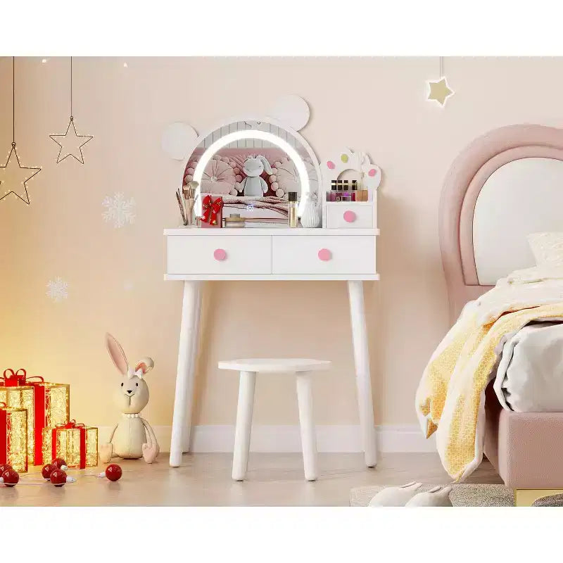 Coiffeuse enfant avec lumières, bureau de maquillage en bois en forme d'ours avec miroir et tabouret, table de toilette parfaite pour petite princesse dans la chambre