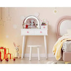 Coiffeuse enfant avec lumières, bureau de maquillage en bois en forme d'ours avec miroir et tabouret, table de toilette parfaite pour petite princesse dans la chambre