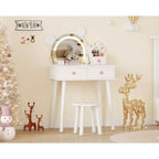 Coiffeuse enfant avec lumières, bureau de maquillage en bois en forme d'ours avec miroir et tabouret, table de toilette parfaite pour petite princesse dans la chambre