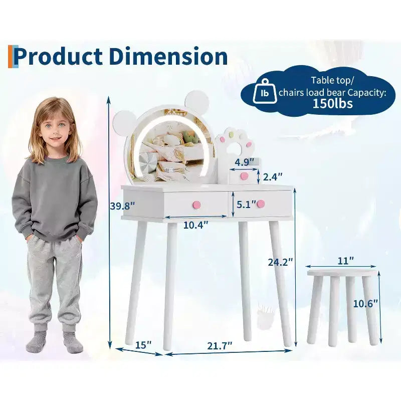 Coiffeuse enfant avec lumières, bureau de maquillage en bois en forme d'ours avec miroir et tabouret, table de toilette parfaite pour petite princesse dans la chambre