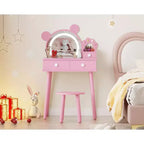 Coiffeuse enfant avec lumières, bureau de maquillage en bois en forme d'ours avec miroir et tabouret, table de toilette parfaite pour petite princesse dans la chambre