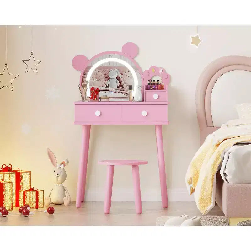 Coiffeuse enfant avec lumières, bureau de maquillage en bois en forme d'ours avec miroir et tabouret, table de toilette parfaite pour petite princesse dans la chambre