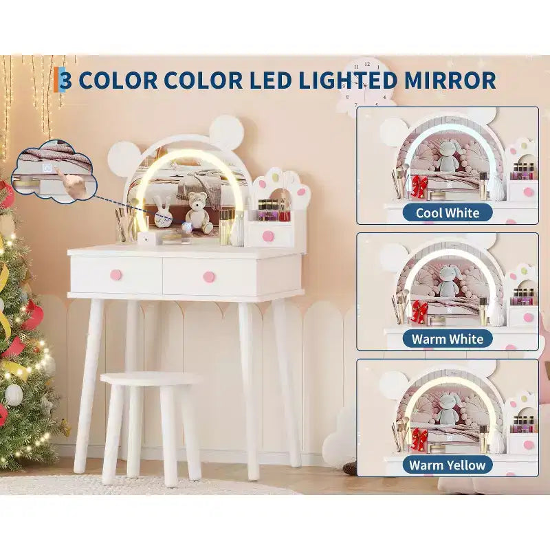 Coiffeuse enfant avec lumières, bureau de maquillage en bois en forme d'ours avec miroir et tabouret, table de toilette parfaite pour petite princesse dans la chambre