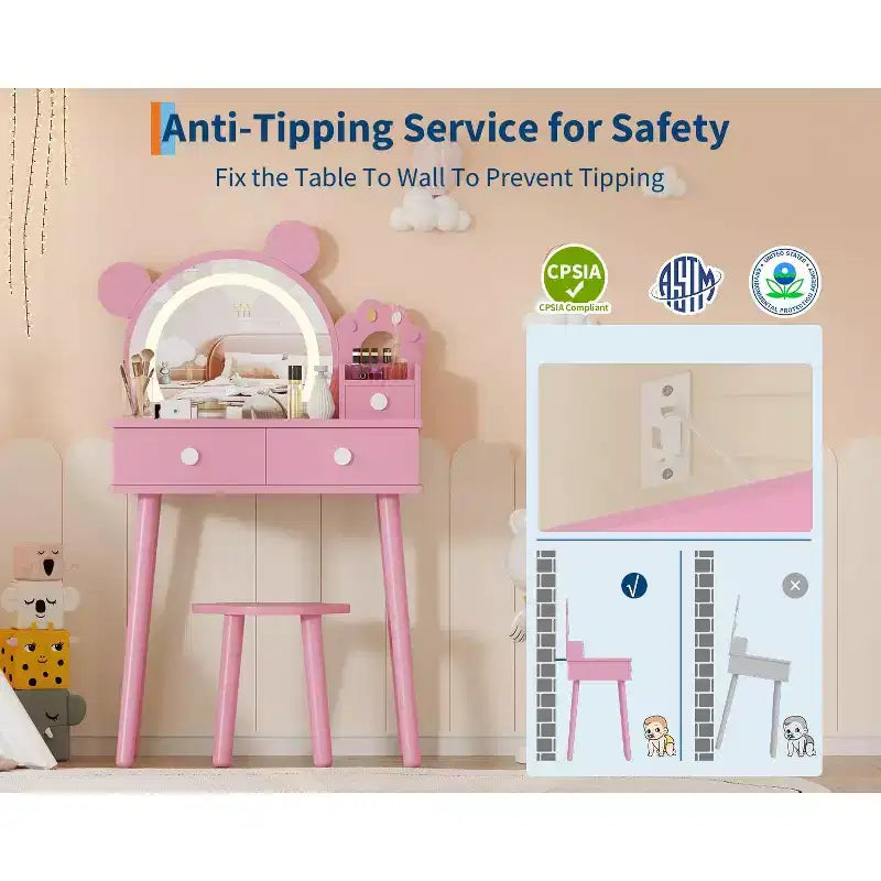 Coiffeuse enfant avec lumières, bureau de maquillage en bois en forme d'ours avec miroir et tabouret, table de toilette parfaite pour petite princesse dans la chambre