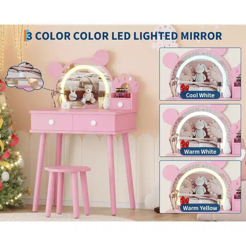 Coiffeuse enfant avec lumières, bureau de maquillage en bois en forme d'ours avec miroir et tabouret, table de toilette parfaite pour petite princesse dans la chambre