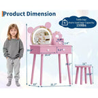 Coiffeuse enfant avec lumières, bureau de maquillage en bois en forme d'ours avec miroir et tabouret, table de toilette parfaite pour petite princesse dans la chambre