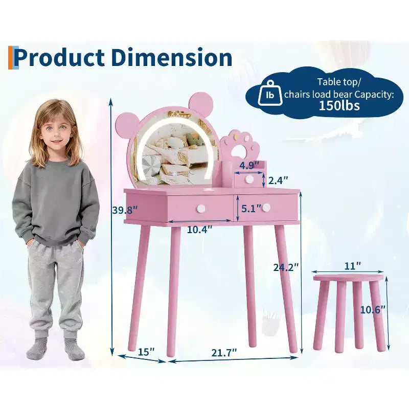 Coiffeuse enfant avec lumières, bureau de maquillage en bois en forme d'ours avec miroir et tabouret, table de toilette parfaite pour petite princesse dans la chambre