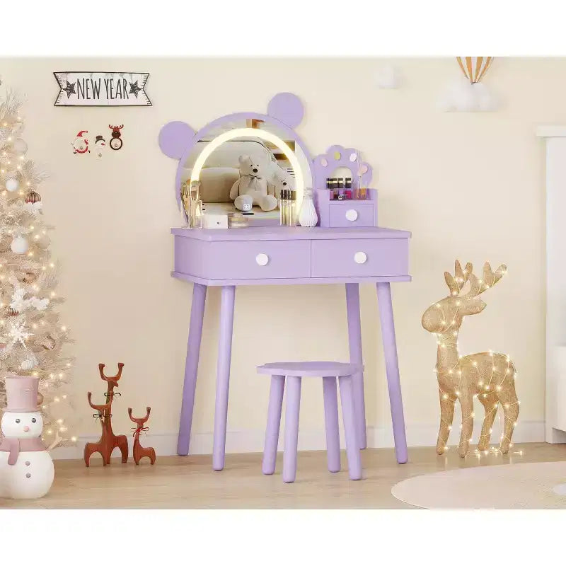 Coiffeuse enfant avec lumières, bureau de maquillage en bois en forme d'ours avec miroir et tabouret, table de toilette parfaite pour petite princesse dans la chambre