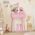 GustoWave Kids Vanity Set with Lights  Bear-Shaped Wooden Makeup Desk with Mirror & Stool, Perfect Toddler Princess Vanity Table for Bedroom