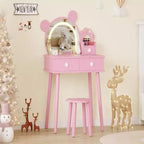 GustoWave Kids Vanity Set with Lights  Bear-Shaped Wooden Makeup Desk with Mirror & Stool, Perfect Toddler Princess Vanity Table for Bedroom