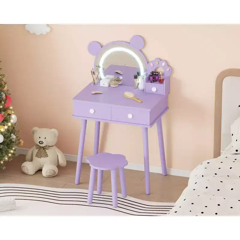 Coiffeuse enfant avec lumières, bureau de maquillage en bois en forme d'ours avec miroir et tabouret, table de toilette parfaite pour petite princesse dans la chambre