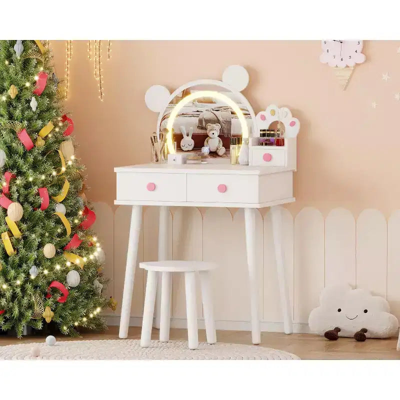 Coiffeuse enfant avec lumières, bureau de maquillage en bois en forme d'ours avec miroir et tabouret, table de toilette parfaite pour petite princesse dans la chambre
