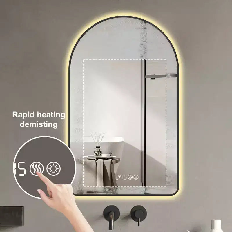 Miroirs de salle de bain LED multifonctionnels arqués 32 x 60 pouces avec trois températures de couleur pour lavabo, cadre noir