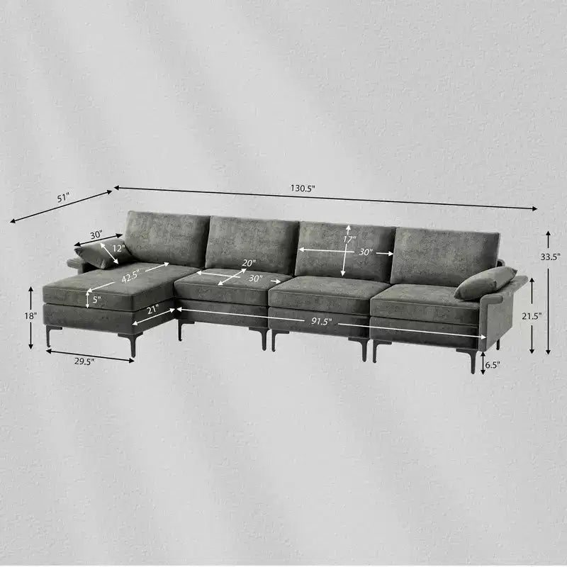 Canapé d'angle modulable moderne avec méridienne réversible et 4 ports USB