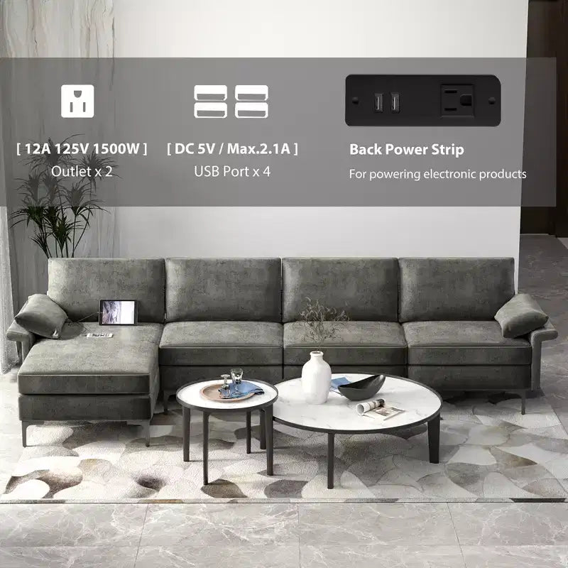 Canapé d'angle modulable moderne avec méridienne réversible et 4 ports USB