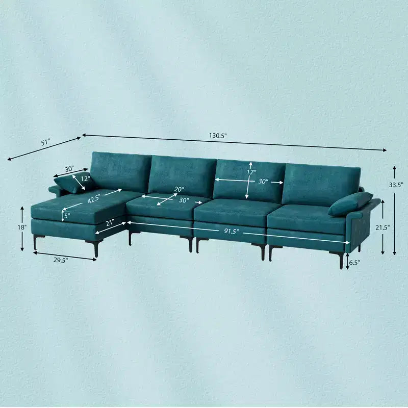 Canapé d'angle modulable moderne avec méridienne réversible et 4 ports USB
