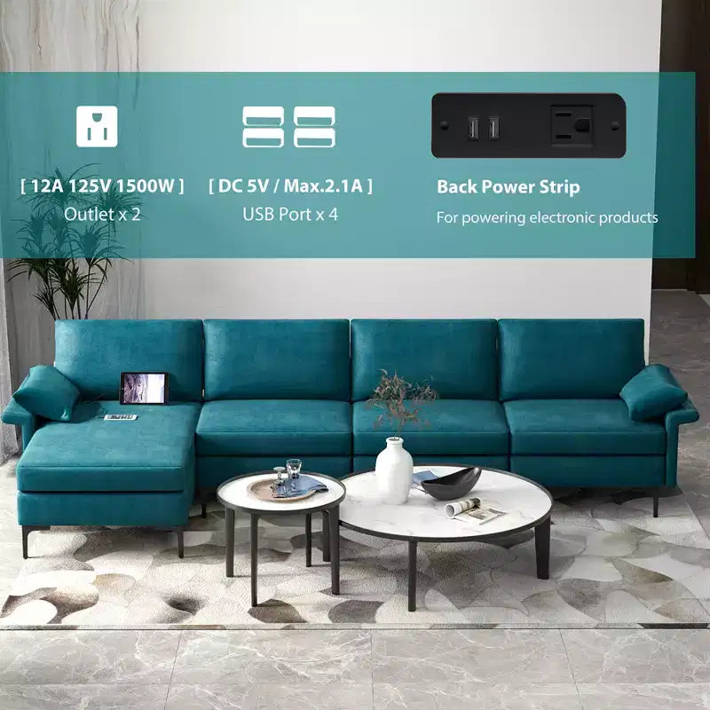 Canapé d'angle modulable moderne avec méridienne réversible et 4 ports USB