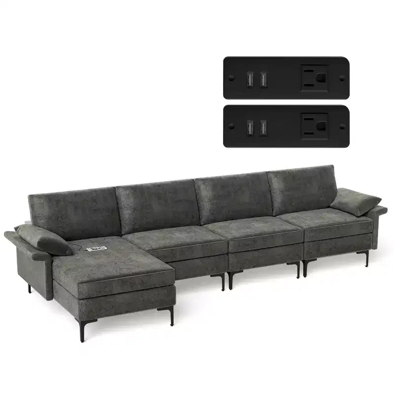 Canapé d'angle modulable moderne avec méridienne réversible et 4 ports USB