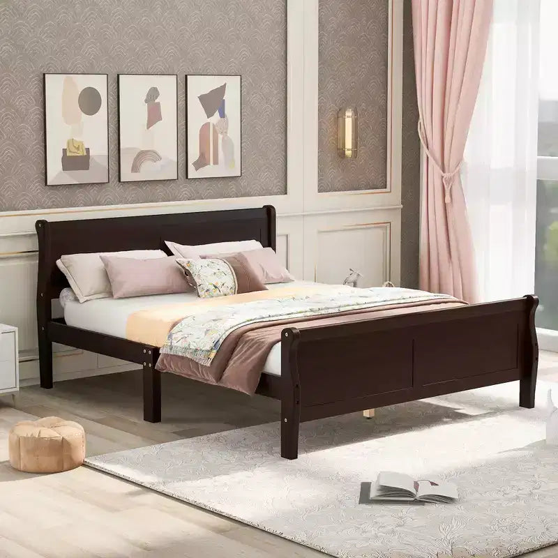 Full Size Wood Platform Bed with Headboard and Wooden Slat Support-ModernLuxe