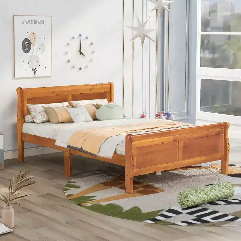 Lit plateforme pleine grandeur en bois avec tête de lit et support à lattes en bois